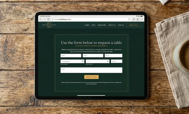 Website Design For Maddings Restaurant With Custom Booking Form