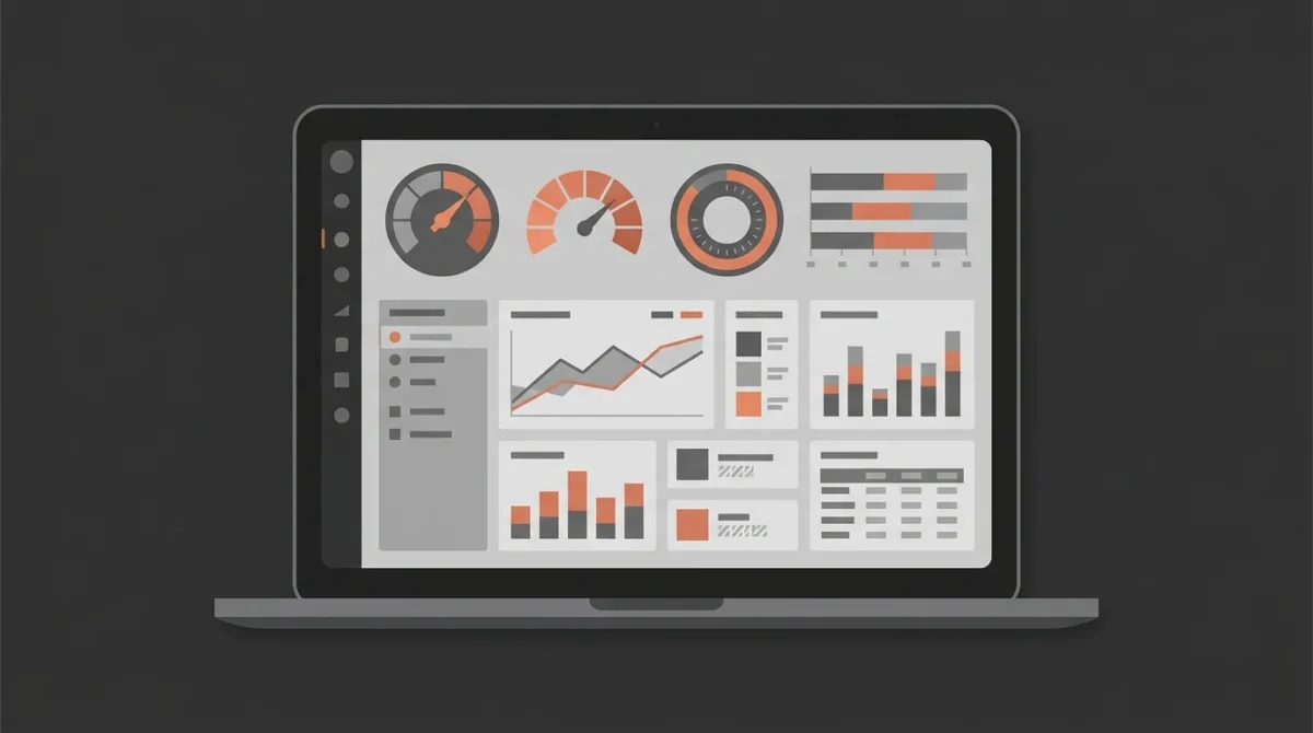 Editorial illustration of a laptop screen showing an abstract WordPress performance dashboard with speed gauges and metrics, representing custom WordPress development and site optimisation